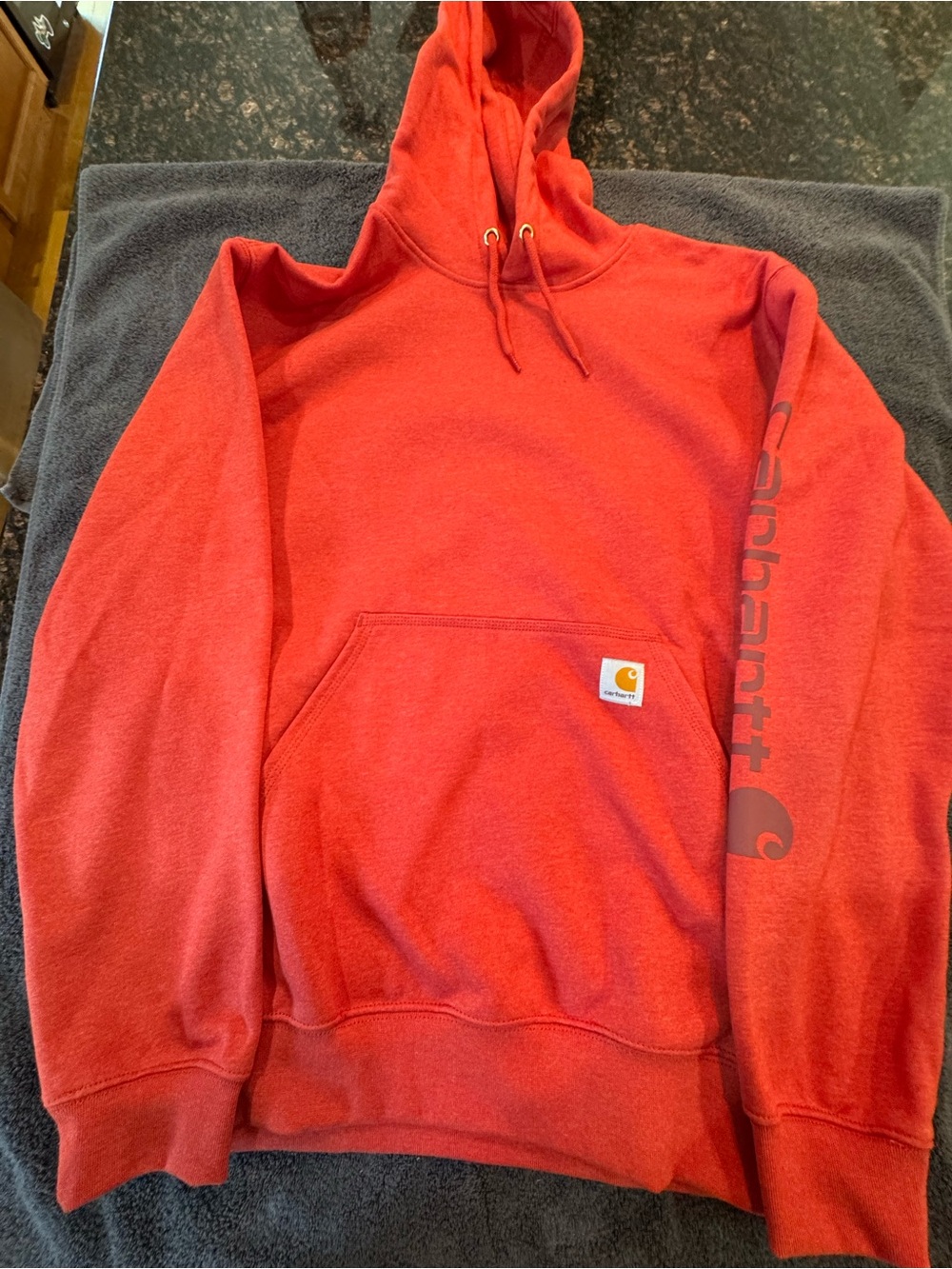 Carhartt Red Hooded Pullover with Logo Sleeve Large Loose Fit
